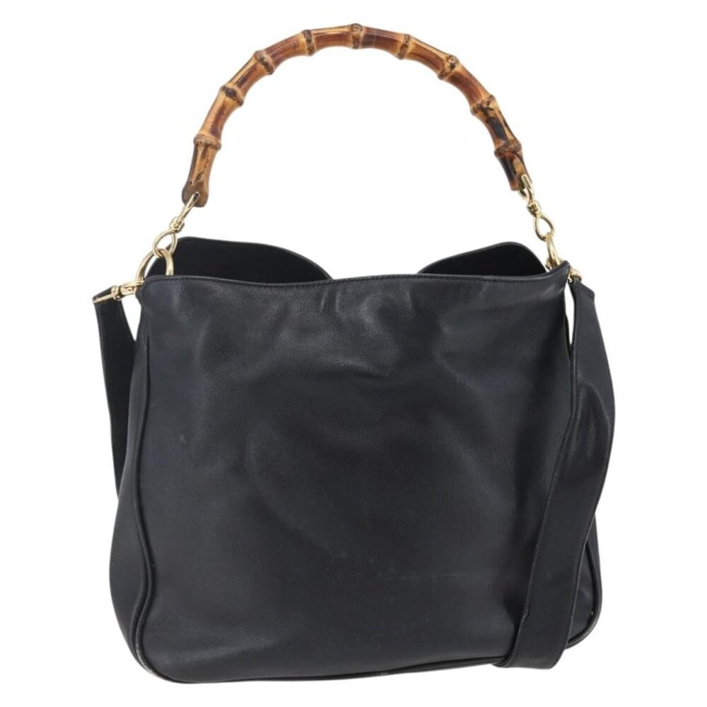 GUCCI Bamboo Shoulder Bag Leather 2way Black Gold Auth - Picture 1 of 16